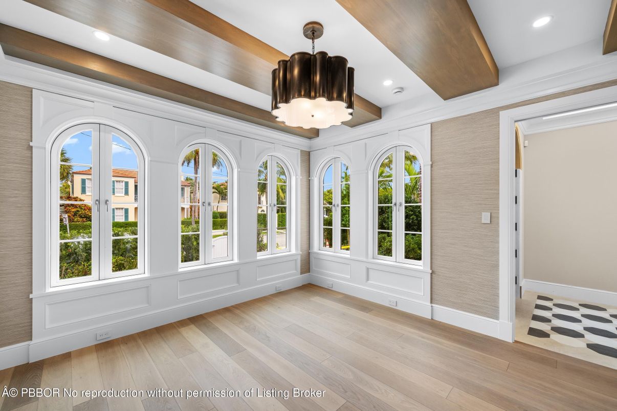 Chandelier, Empty room, Interior, Recessed Lighting, Wooden Beams, Wood Texture Flooring