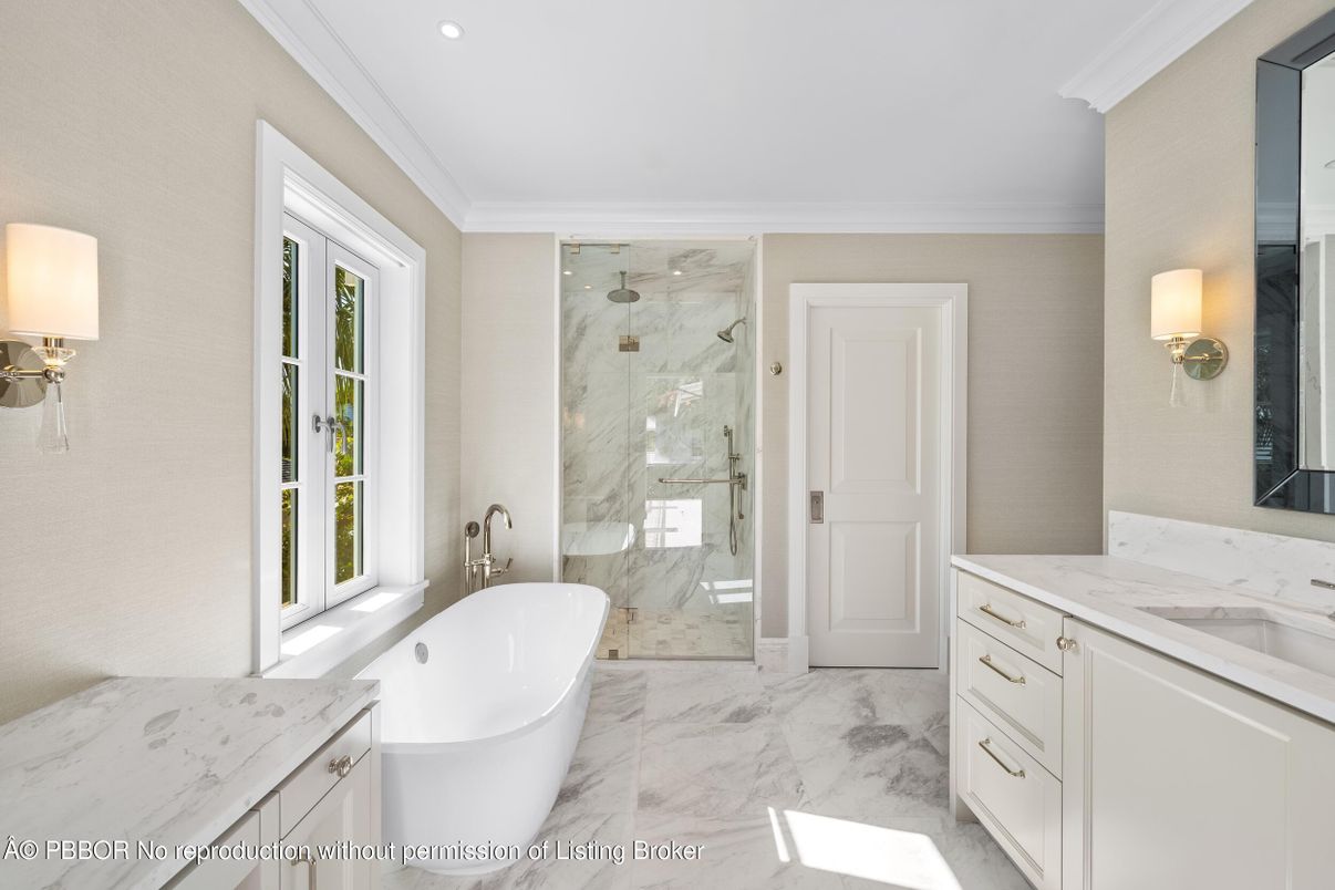 Bathroom, Free Standing Baths, Glass Shower, Interior, Marble, Marble Walls, Recessed Lighting