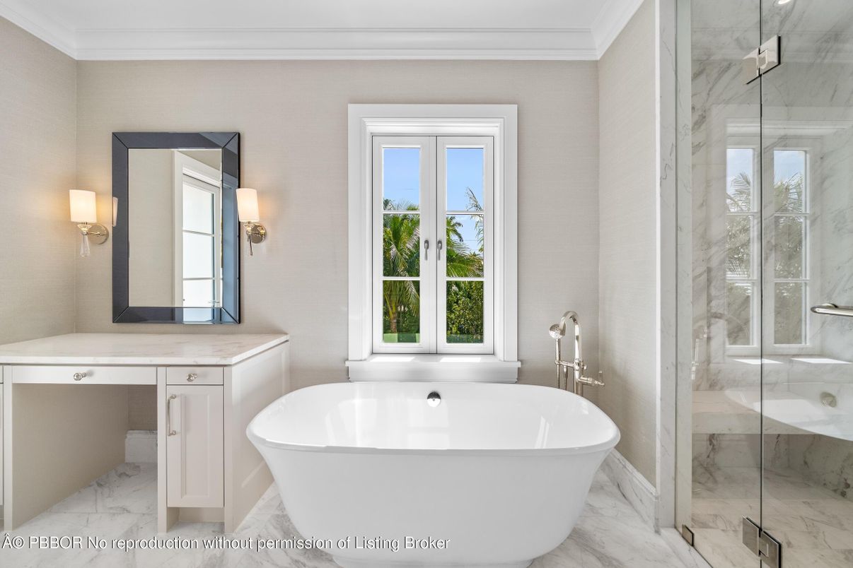 Bathroom, Free Standing Baths, Glass Shower, Interior, Marble, Marble Walls