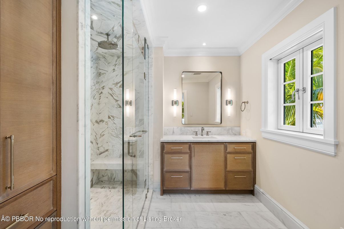Bathroom, Glass Shower, Interior, Marble, Marble Walls, Recessed Lighting