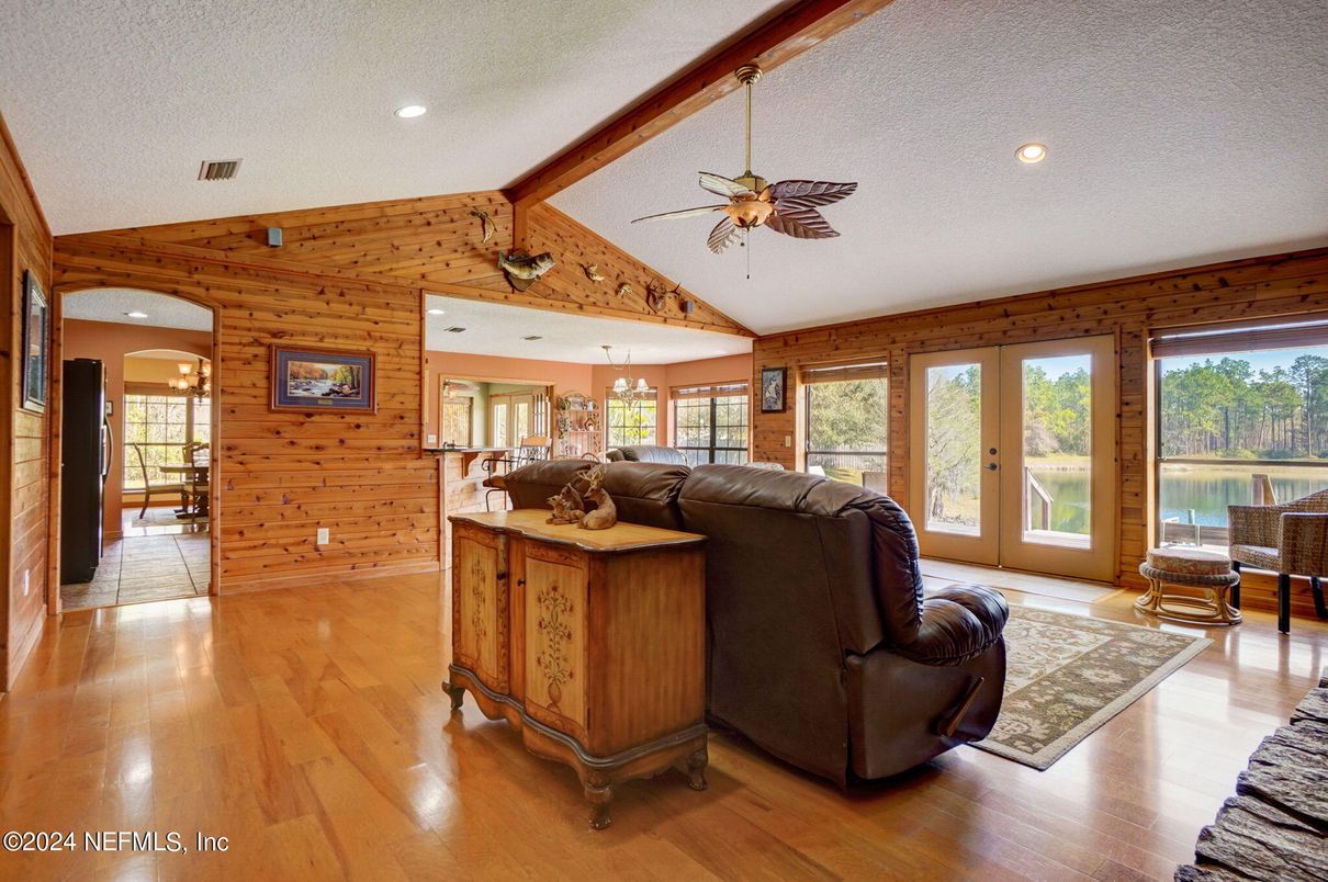 Fireplace, Interior, Living room, Recessed Lighting, Wood Texture Flooring, Wooden Walls
