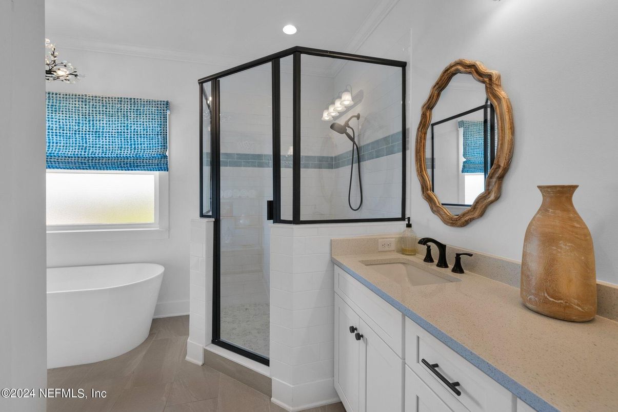 Bathroom, Dual Sink Vanities, Free Standing Baths, Glass Shower, Interior, Recessed Lighting