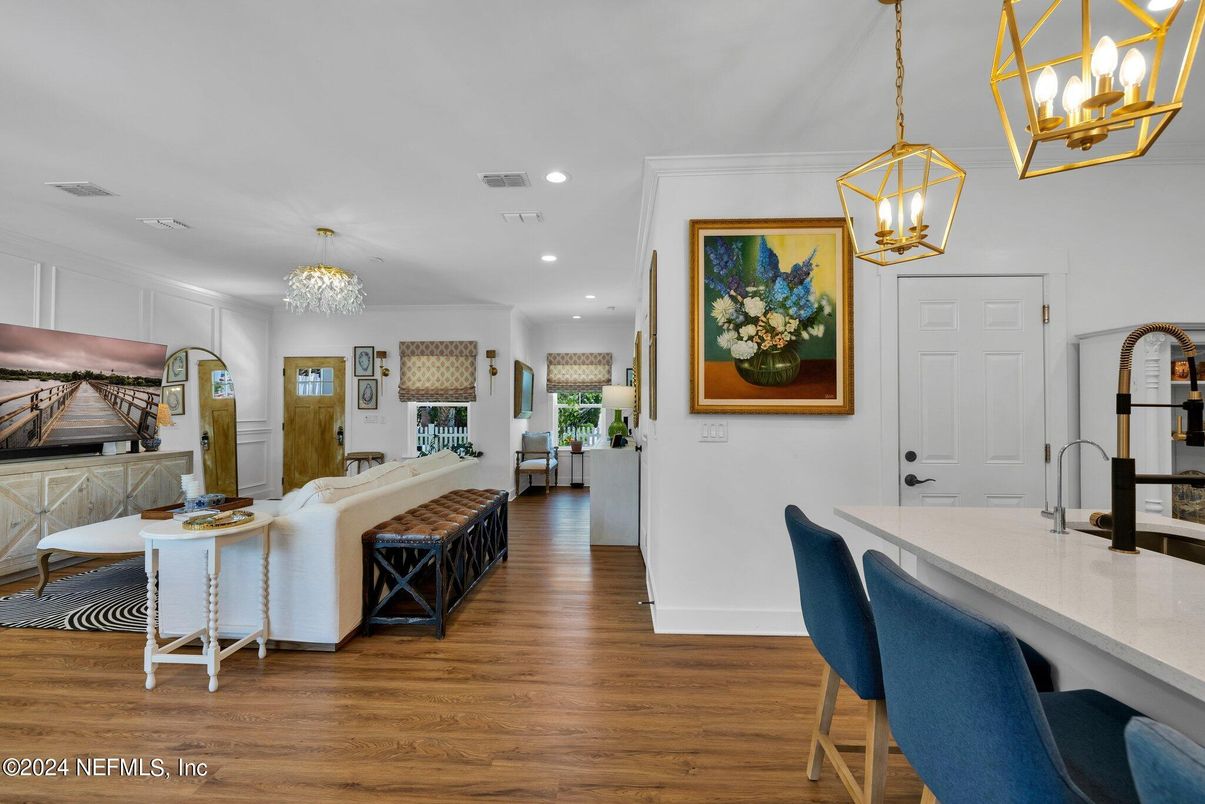 Chandelier, Dining room, Interior, Kitchen, Living room, Pendant Lights, Recessed Lighting, Wood Texture Flooring