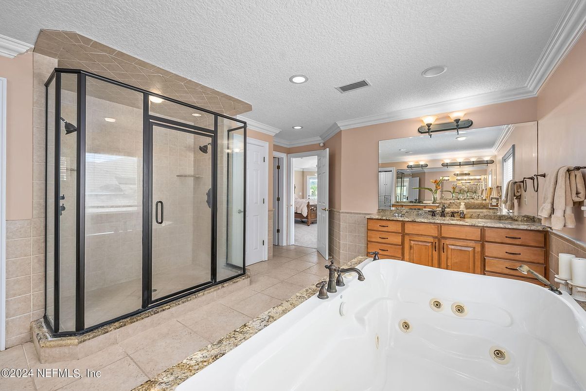 Bathroom, Dual Sink Vanities, Glass Shower, Interior, Recessed Lighting