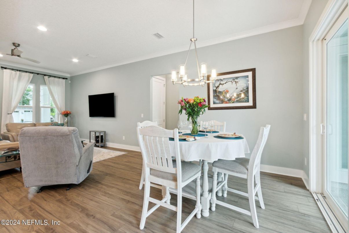 Chandelier, Dining room, Interior, Pendant Lights, Recessed Lighting, Wood Texture Flooring