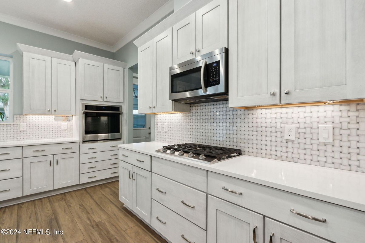 Interior, Kitchen, Recessed Lighting, Stainless Steel Appliances, Wood Texture Flooring