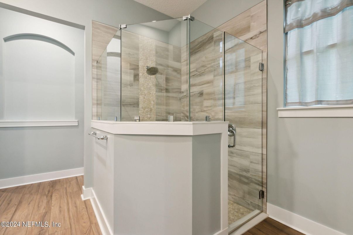 Bathroom, Glass Shower, Interior, Wood Texture Flooring