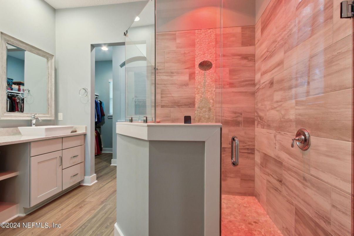 Bathroom, Glass Shower, Interior, Recessed Lighting, Wood Texture Flooring