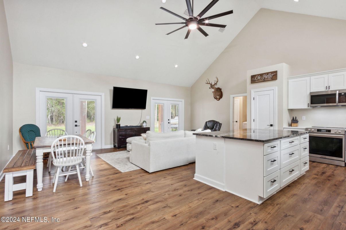 Dining room, Interior, Kitchen, Living room, Recessed Lighting, Wood Texture Flooring