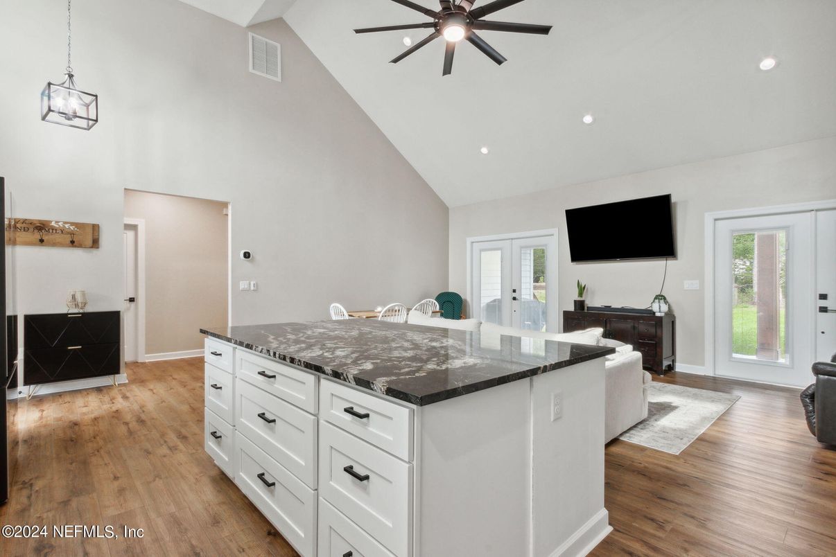 Interior, Kitchen, Pendant Lights, Recessed Lighting, Wood Texture Flooring