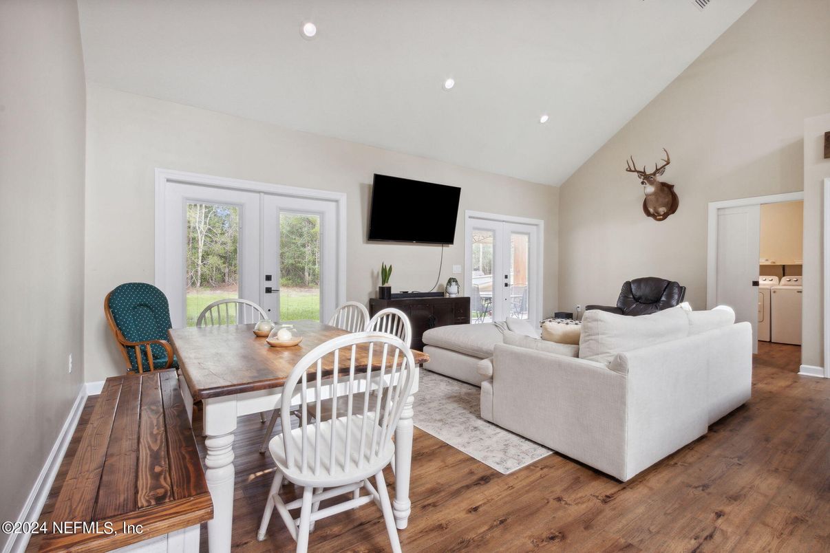Dining room, Interior, Living room, Recessed Lighting, Wood Texture Flooring