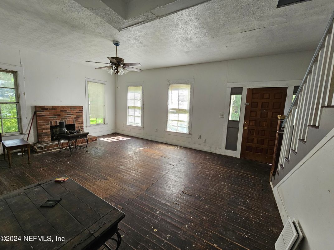 Dining room, Fireplace, Interior, Stone Walls, Wood Texture Flooring