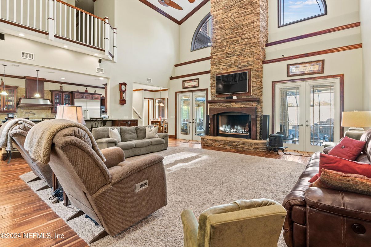 Fireplace, Interior, Kitchen, Living room, Pendant Lights, Recessed Lighting, Wood Texture Flooring