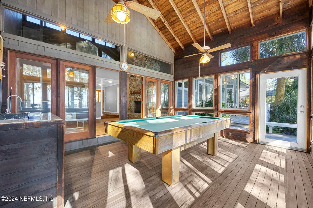 Billiard Table, Game Room, Interior, Pendant Lights, Wooden Beams, Wooden Ceilings, Wood Texture Flooring