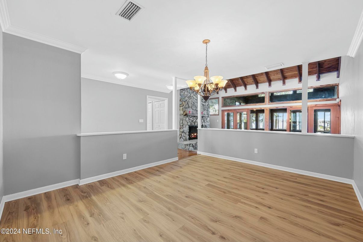 Chandelier, Empty room, Fireplace, Interior, Wood Texture Flooring