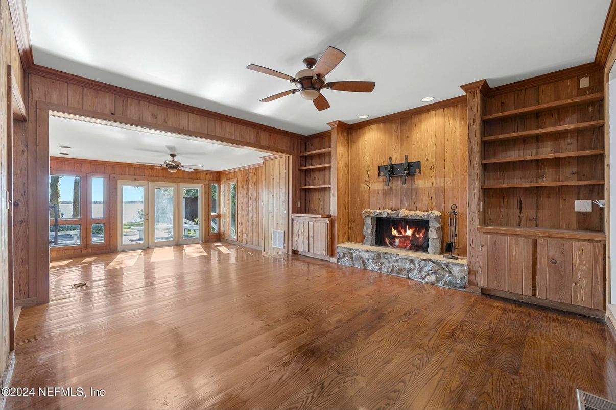 Empty room, Fireplace, Interior, Recessed Lighting, Wood Texture Flooring, Wooden Walls