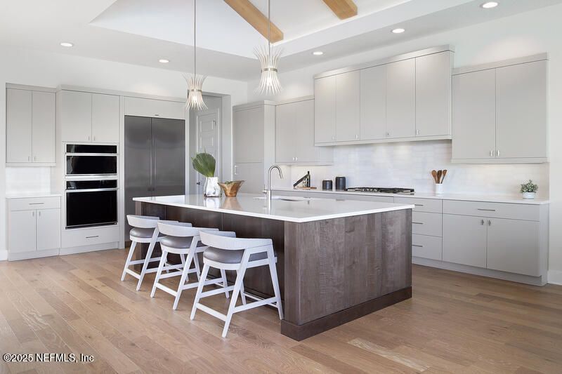 Interior, Kitchen, Pendant Lights, Recessed Lighting, Stainless Steel Appliances, Wooden Beams, Wood Texture Flooring