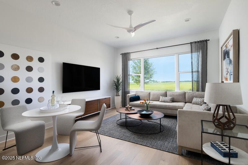 Dining room, Interior, Living room, Recessed Lighting, Wood Texture Flooring