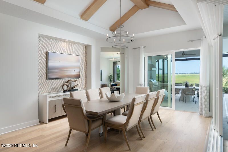 Dining room, Interior, Pendant Lights, Wooden Beams, Wood Texture Flooring