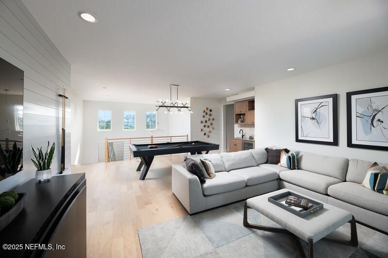 Billiard Table, Game Room, Interior, Living room, Pendant Lights, Recessed Lighting, Wood Texture Flooring