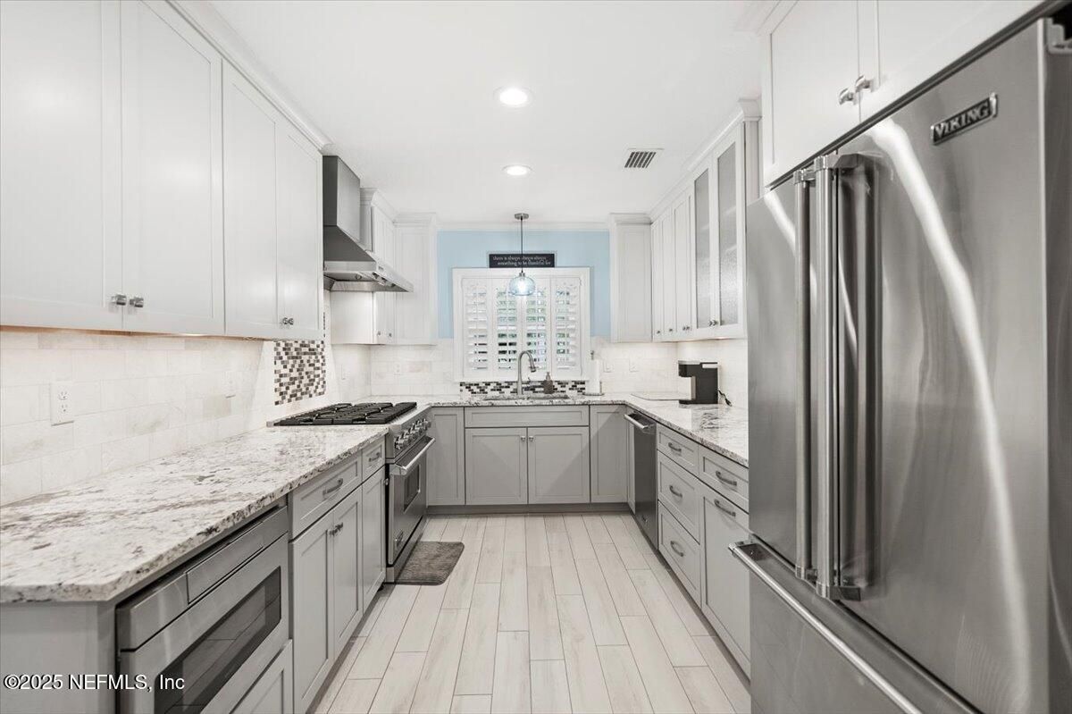 Interior, Kitchen, Pendant Lights, Recessed Lighting, Stainless Steel Appliances, Wood Texture Flooring