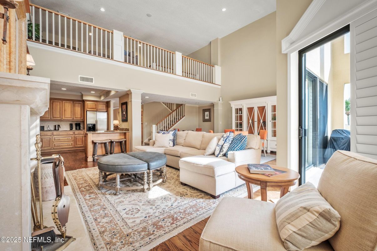 Fireplace, Interior, Kitchen, Living room, Recessed Lighting, Wood Texture Flooring