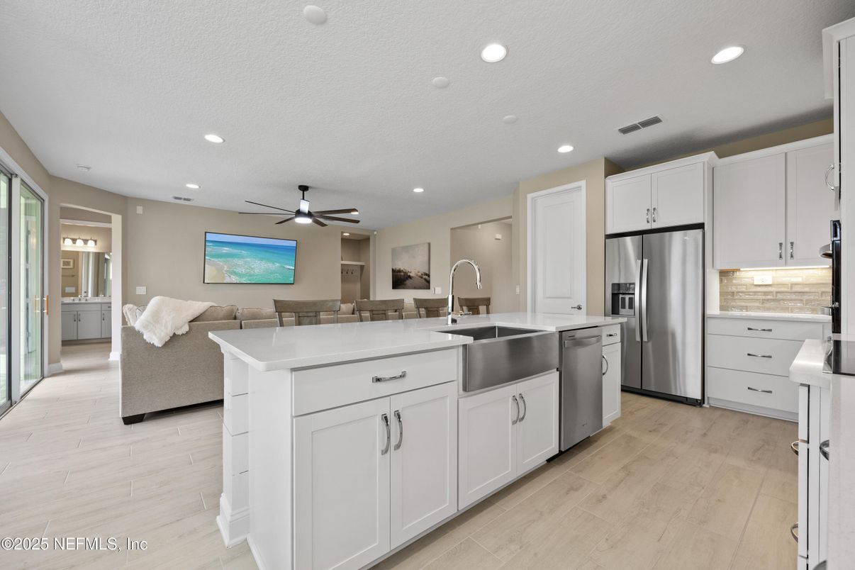 Interior, Kitchen, Living room, Recessed Lighting, Stainless Steel Appliances, Wood Texture Flooring