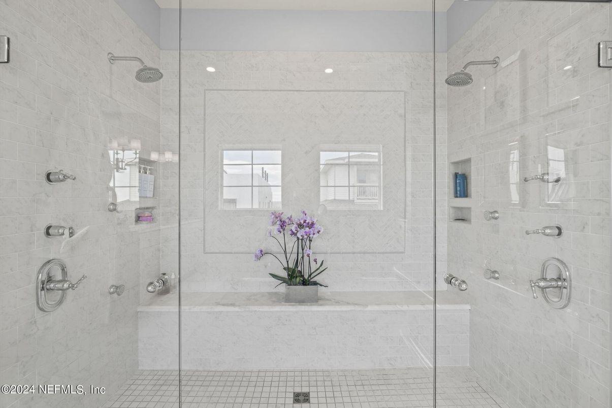 Bathroom, Glass Shower, Interior, Marble Walls, Recessed Lighting