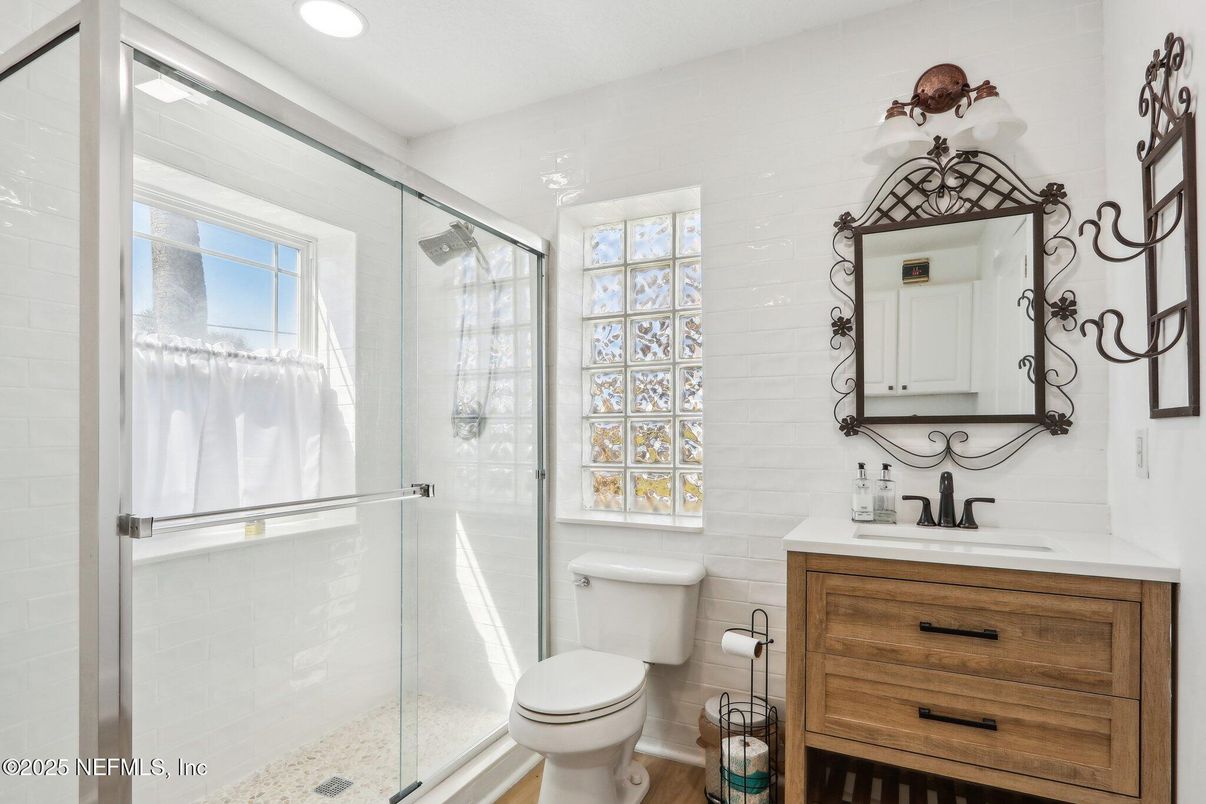 Bathroom, Glass Shower, Interior, Recessed Lighting, Wood Texture Flooring