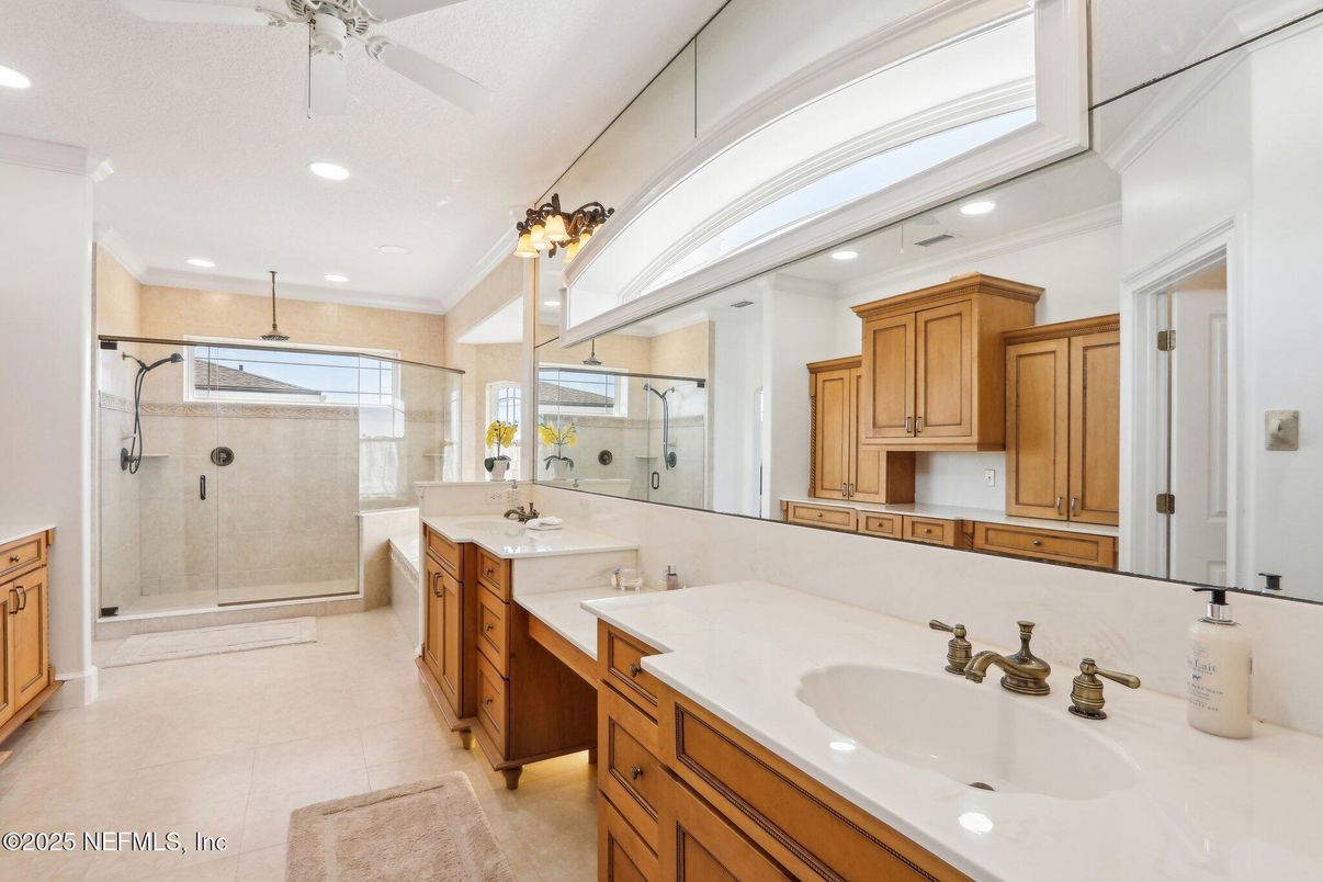Bathroom, Dual Sink Vanities, Glass Shower, Interior, Recessed Lighting