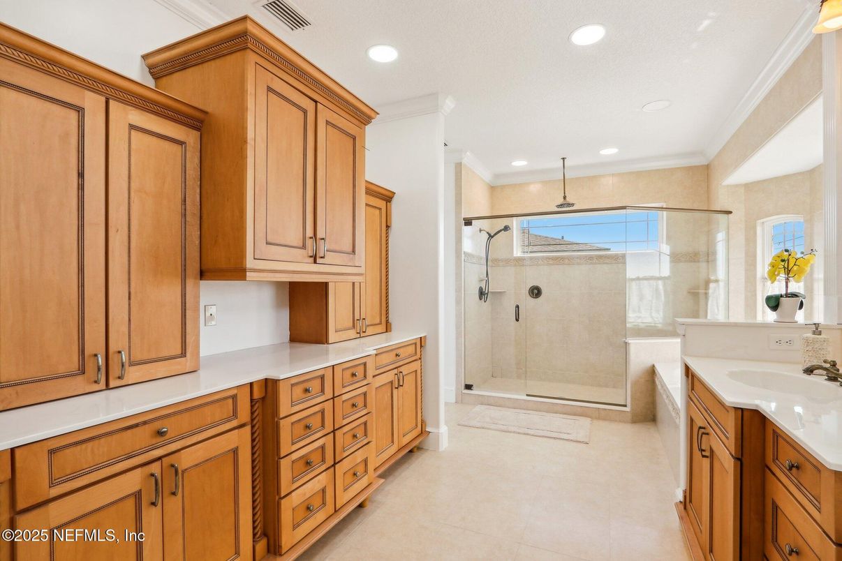 Bathroom, Dual Sink Vanities, Glass Shower, Interior, Recessed Lighting