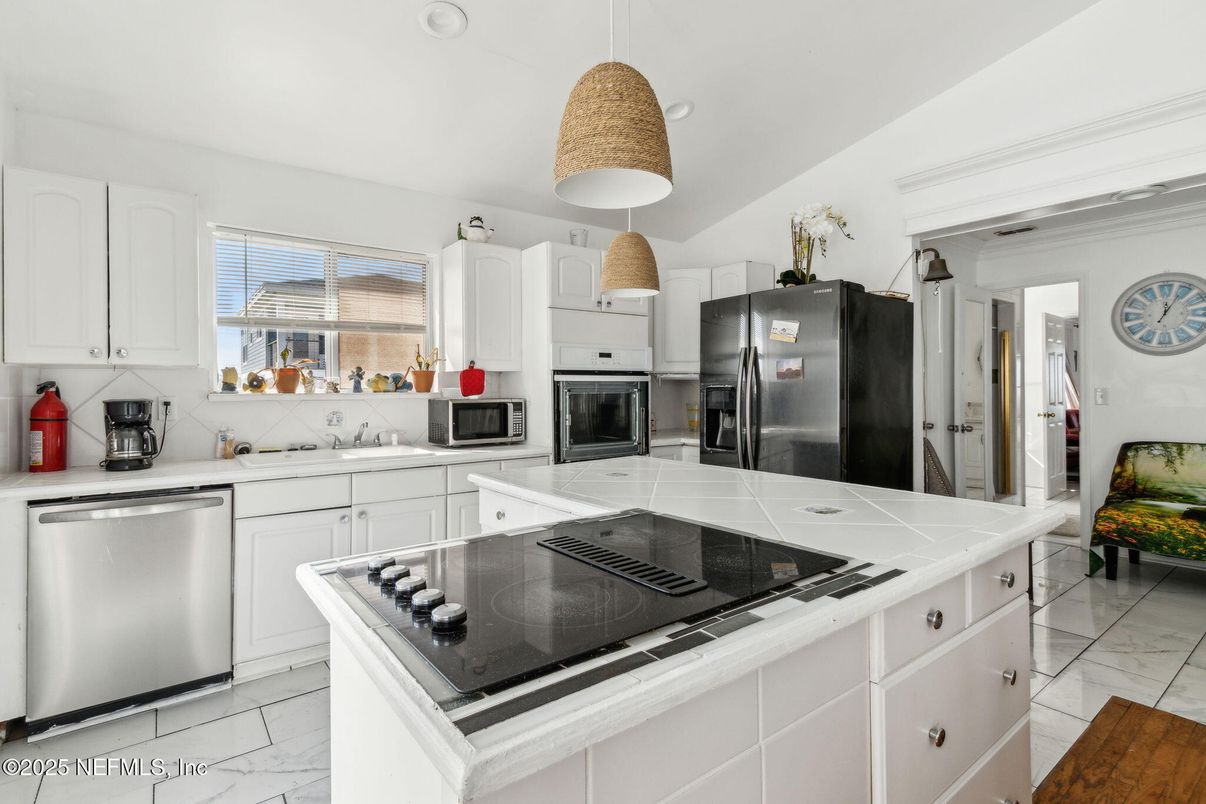 Interior, Kitchen, Marble, Pendant Lights, Recessed Lighting, Stainless Steel Appliances