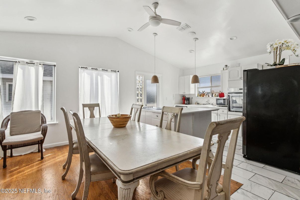 Dining room, Interior, Kitchen, Marble, Pendant Lights, Recessed Lighting, Wood Texture Flooring