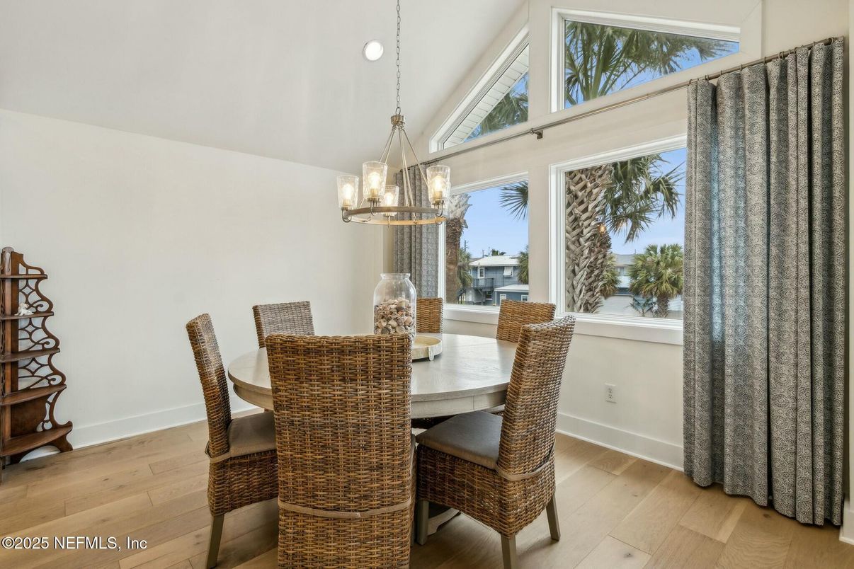 Dining room, Interior, Pendant Lights, Wood Texture Flooring