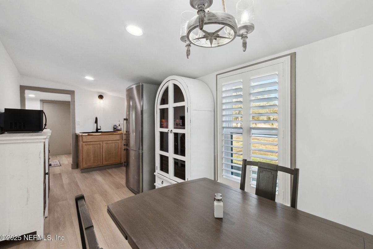 Dining room, Interior, Recessed Lighting, Wood Texture Flooring