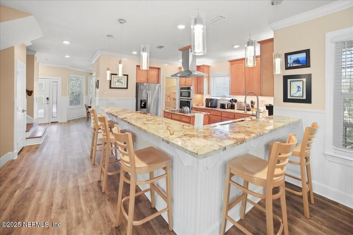 Interior, Kitchen, Pendant Lights, Recessed Lighting, Stainless Steel Appliances, Wood Texture Flooring