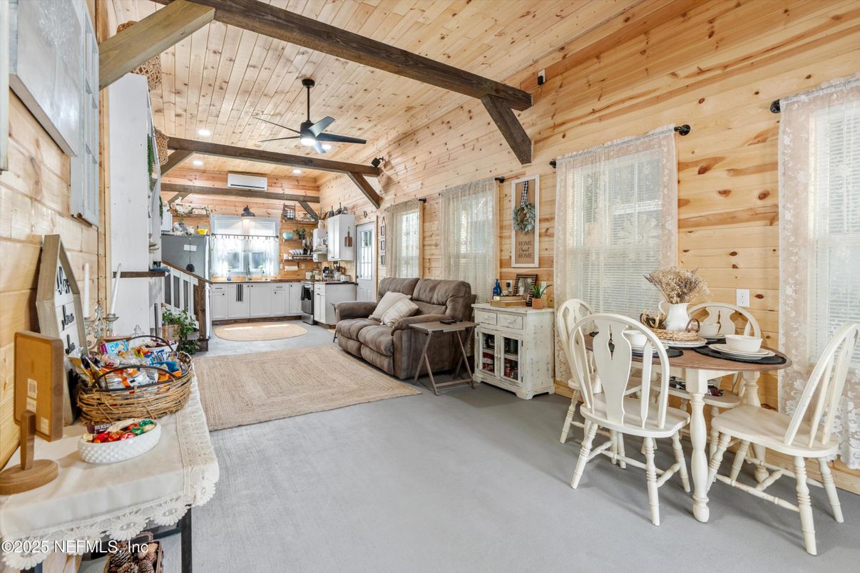 Dining room, Interior, Living room, Recessed Lighting, Wooden Beams, Wooden Ceilings, Wooden Walls