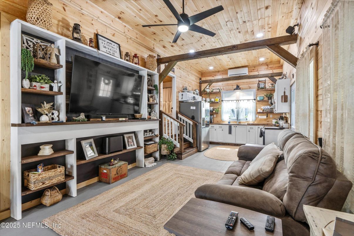 Interior, Living room, Recessed Lighting, Wooden Beams, Wooden Ceilings, Wooden Walls