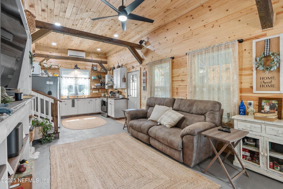 Fireplace, Interior, Kitchen, Living room, Recessed Lighting, Wooden Beams, Wooden Ceilings, Wooden Walls