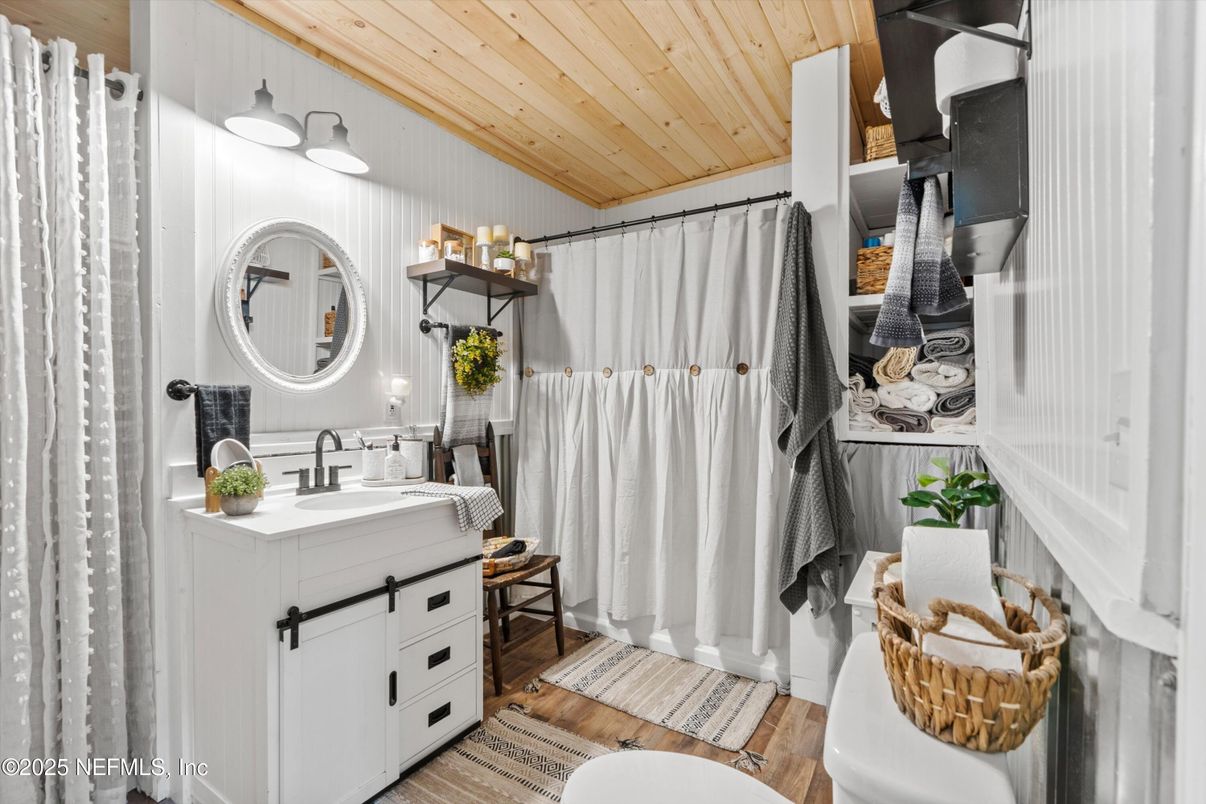 Bathroom, Interior, Wooden Ceilings, Wood Texture Flooring