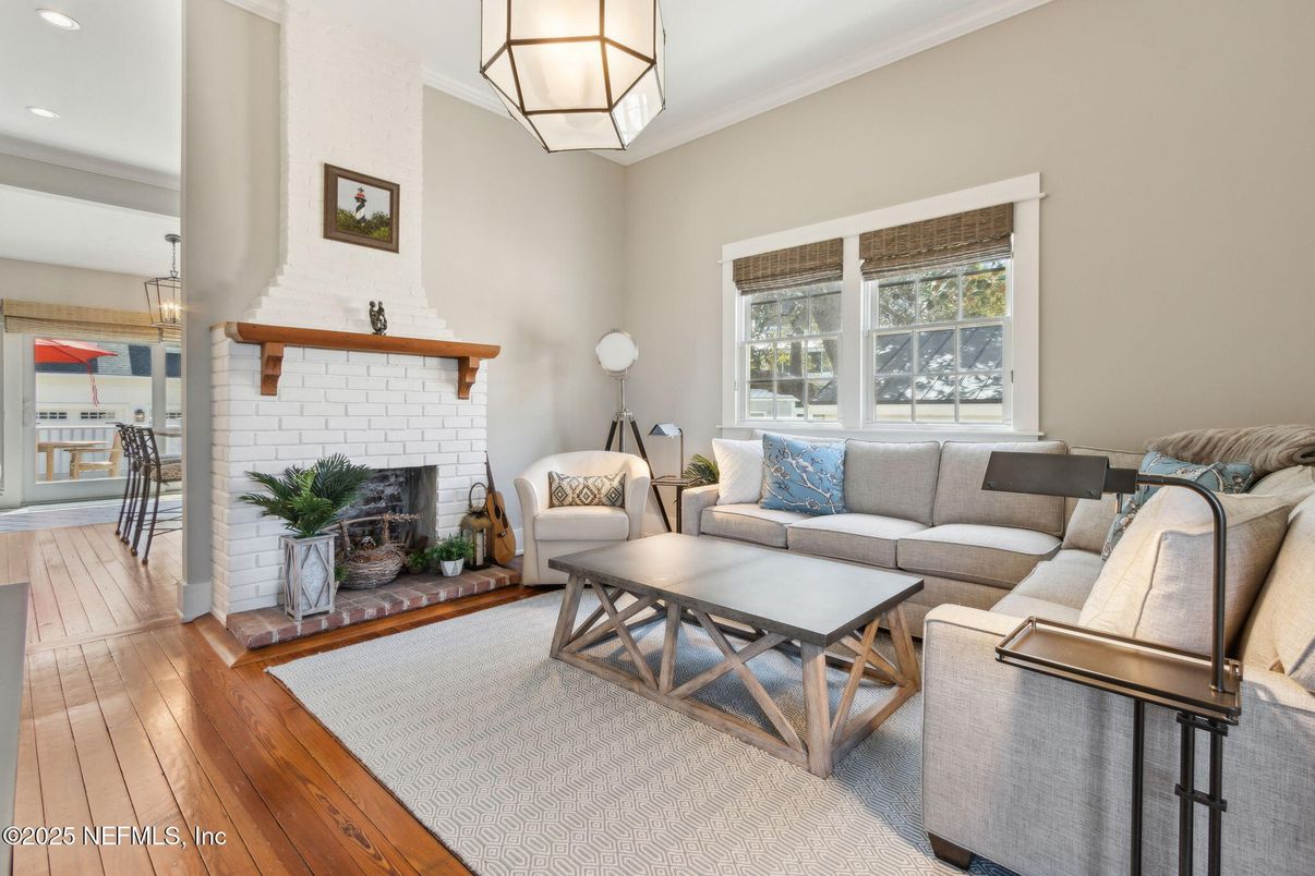 Fireplace, Interior, Living room, Pendant Lights, Recessed Lighting, Stone Walls, Wood Texture Flooring