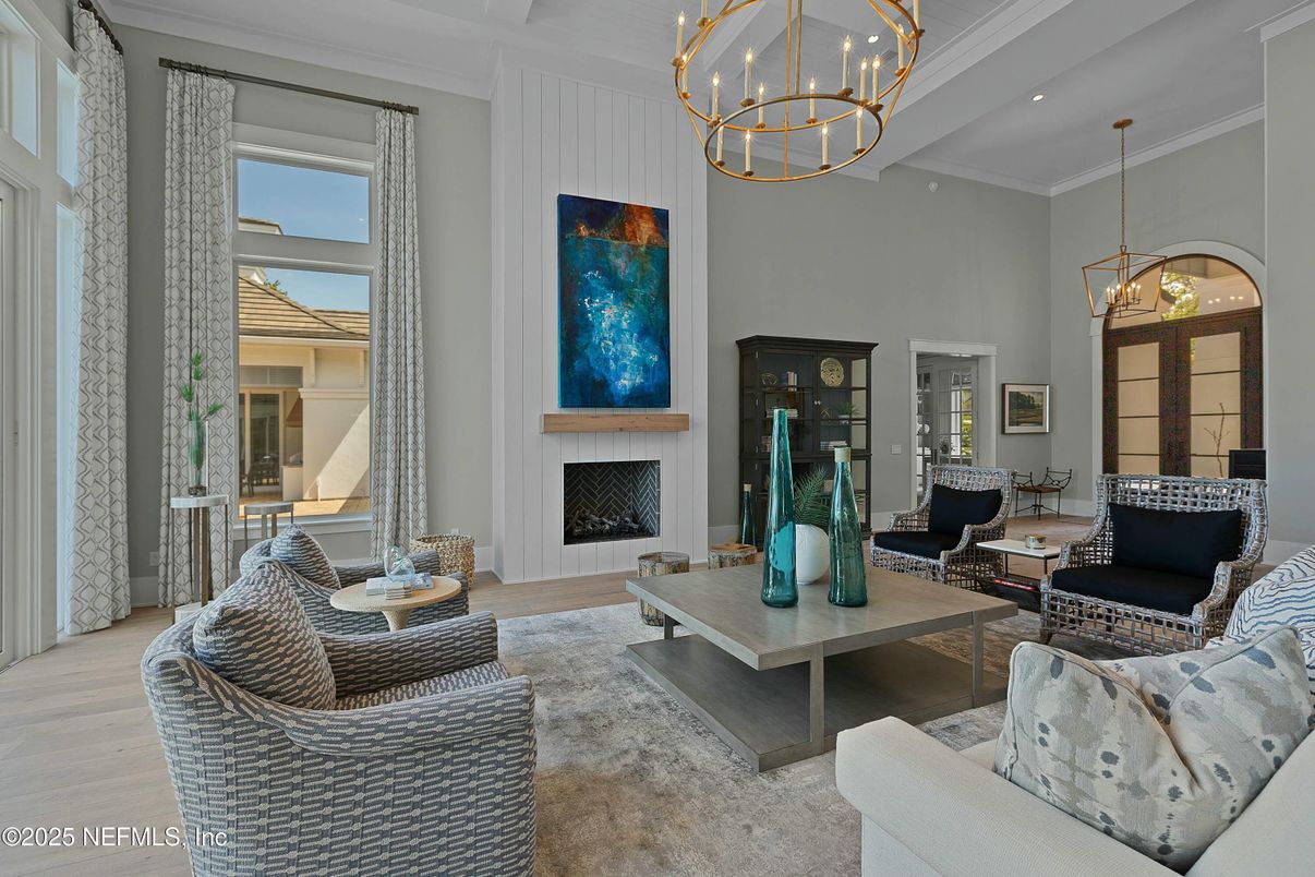 Chandelier, Fireplace, Interior, Living room, Pendant Lights, Recessed Lighting, Wood Texture Flooring