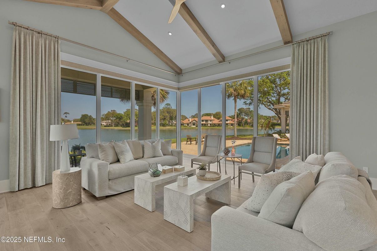 Interior, Living room, Recessed Lighting, Sun Room, Water, Wooden Beams, Wood Texture Flooring