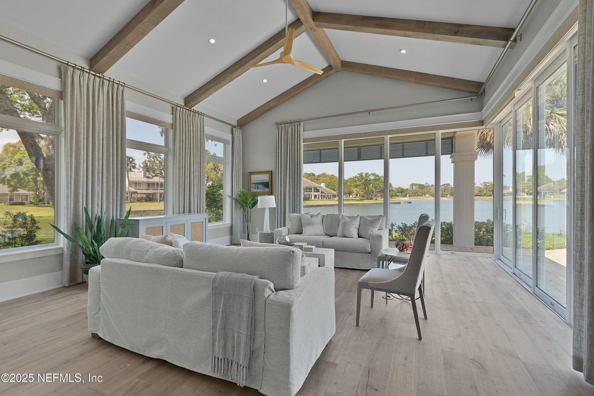 Interior, Living room, Recessed Lighting, Sun Room, Water, Wooden Beams, Wood Texture Flooring