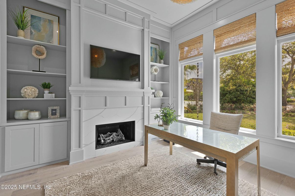 Fireplace, Home Office, Interior, Wood Texture Flooring