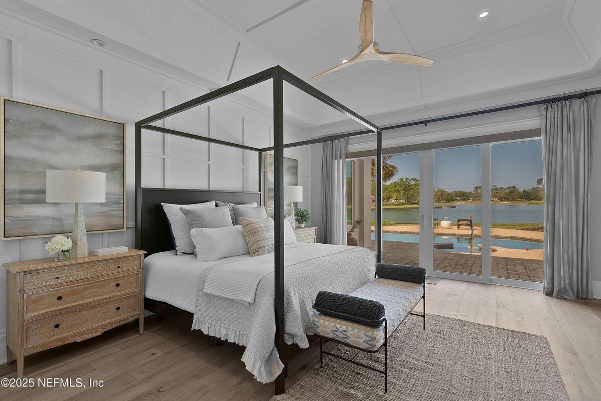 Bedroom, Interior, Recessed Lighting, Water, Wood Texture Flooring