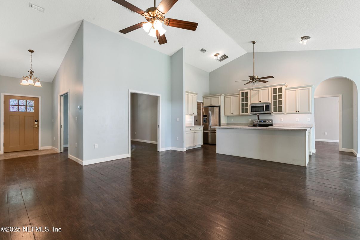 Interior, Kitchen, Pendant Lights, Stainless Steel Appliances, Wood Texture Flooring