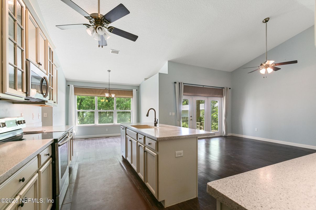 Interior, Kitchen, Pendant Lights, Wood Texture Flooring