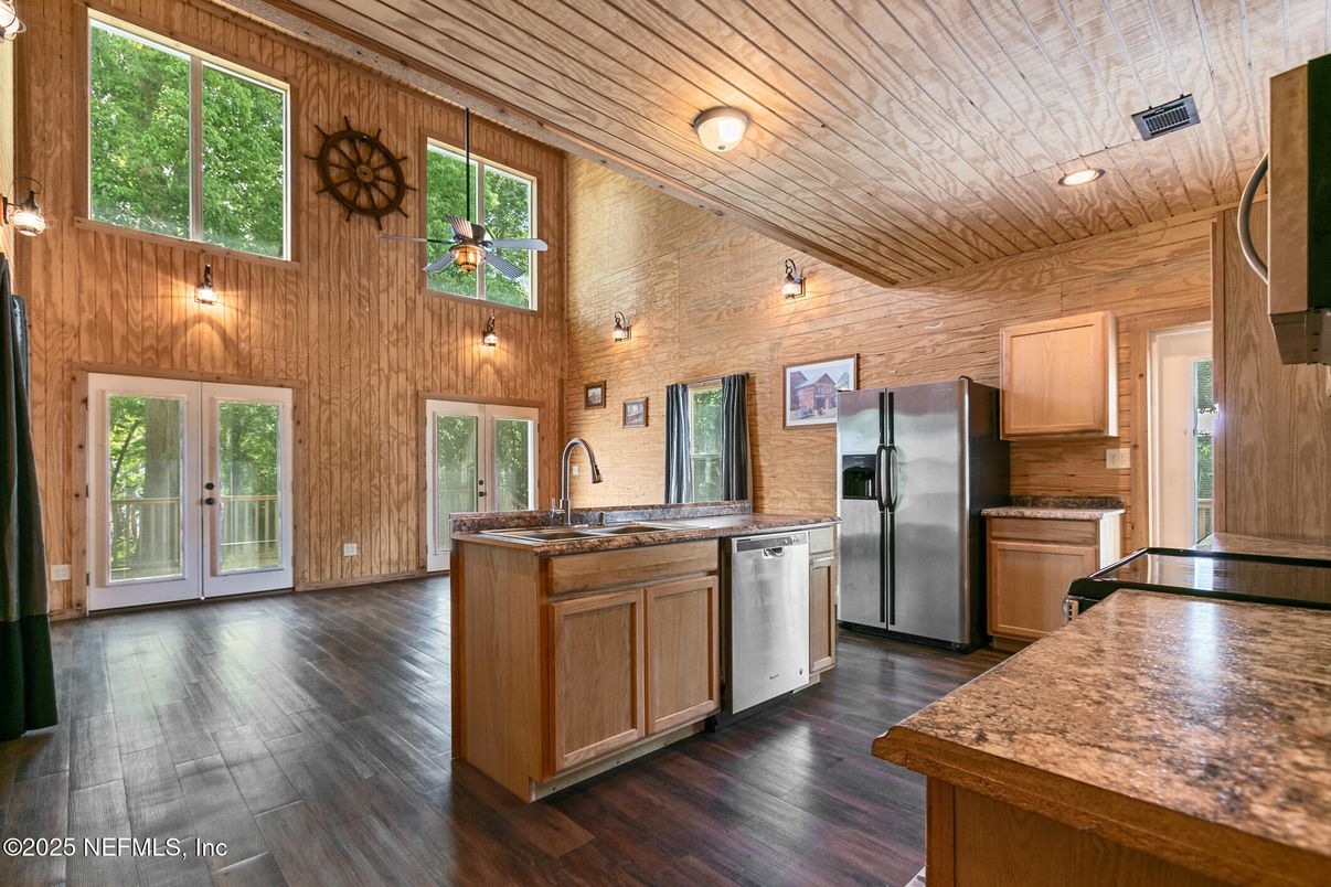 Interior, Kitchen, Recessed Lighting, Stainless Steel Appliances, Wooden Ceilings, Wood Texture Flooring, Wooden Walls