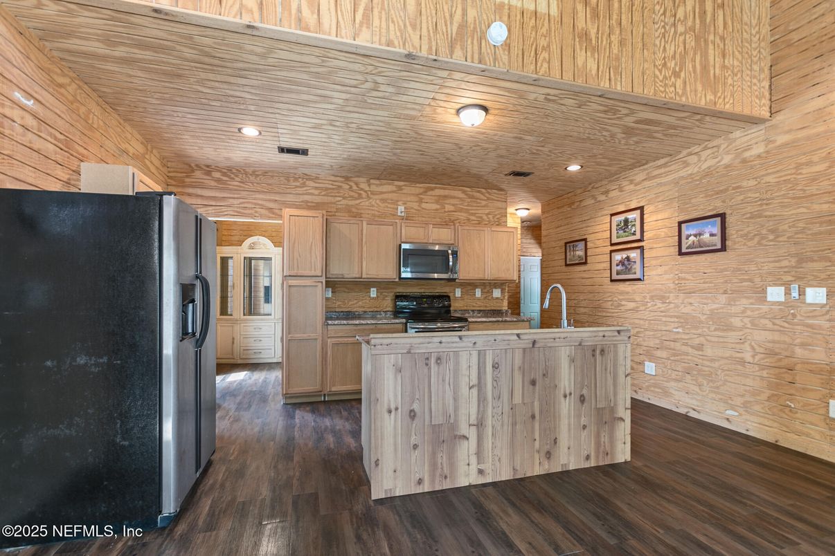 Interior, Kitchen, Recessed Lighting, Wooden Ceilings, Wood Texture Flooring, Wooden Walls